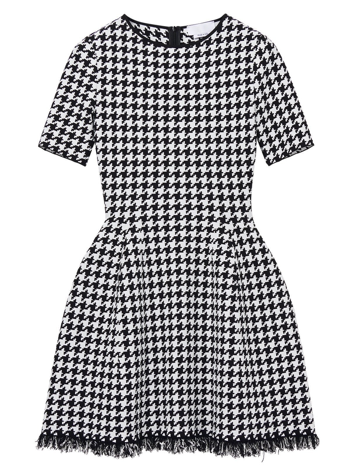 A-Line Houndstooth Fringed Knit Mini Dress - Dresses