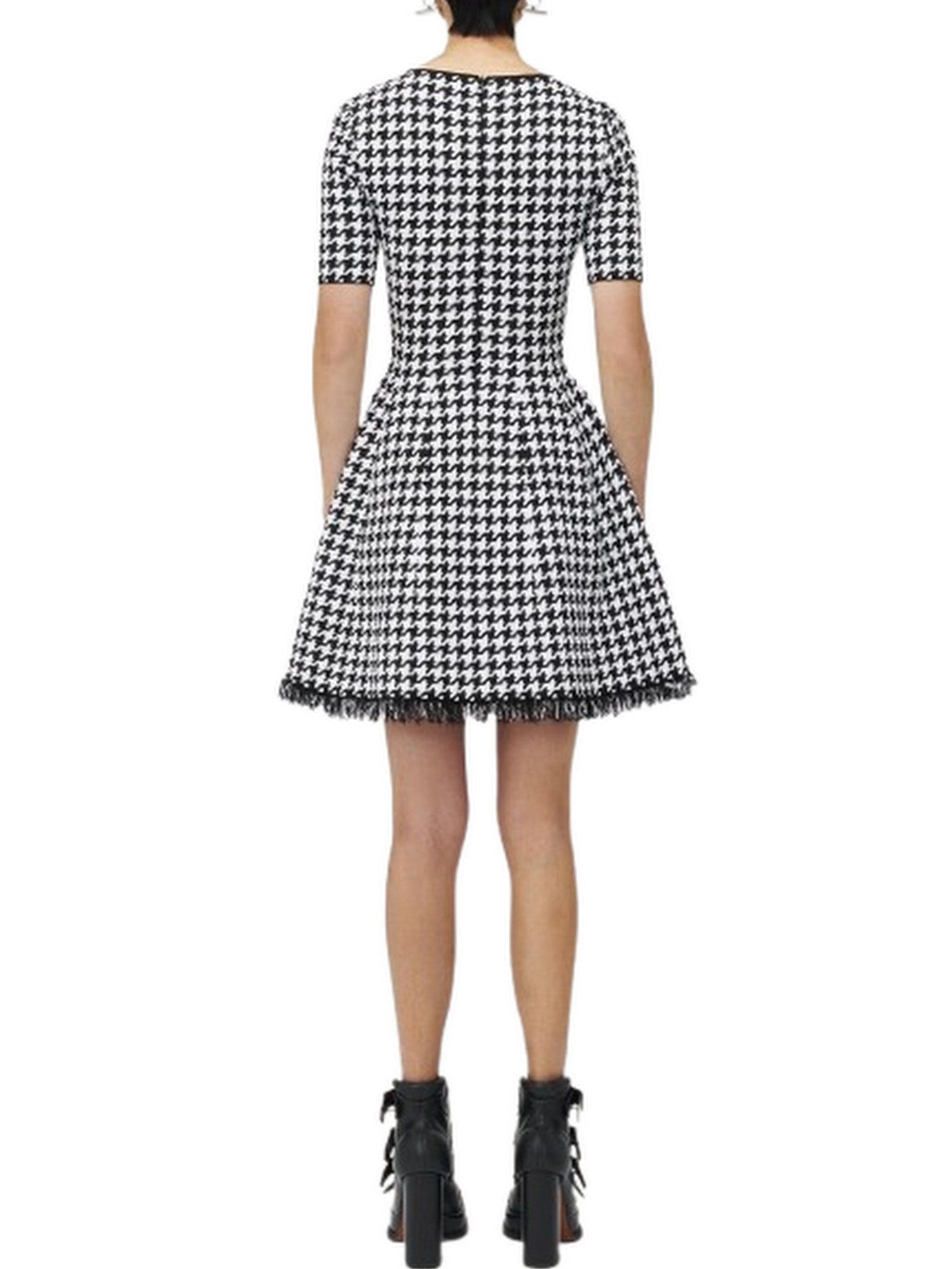 A-Line Houndstooth Fringed Knit Mini Dress - Dresses