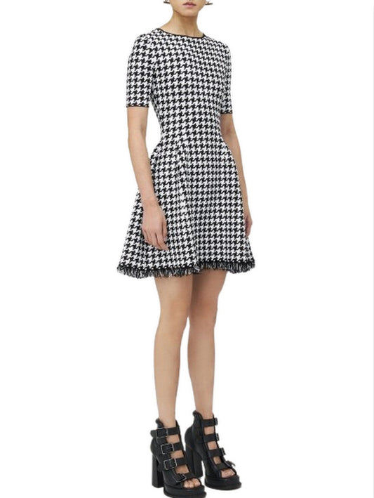 A-Line Houndstooth Fringed Knit Mini Dress - Dresses