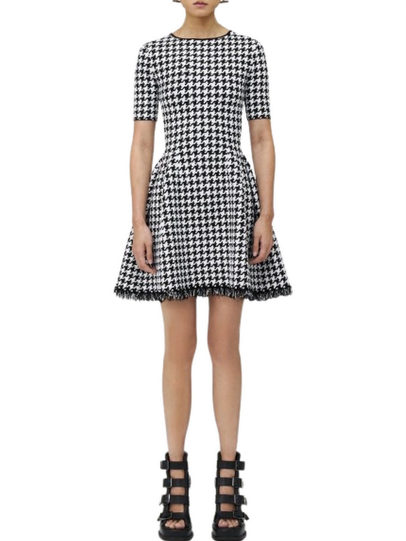 A-Line Houndstooth Fringed Knit Mini Dress - S - Dresses