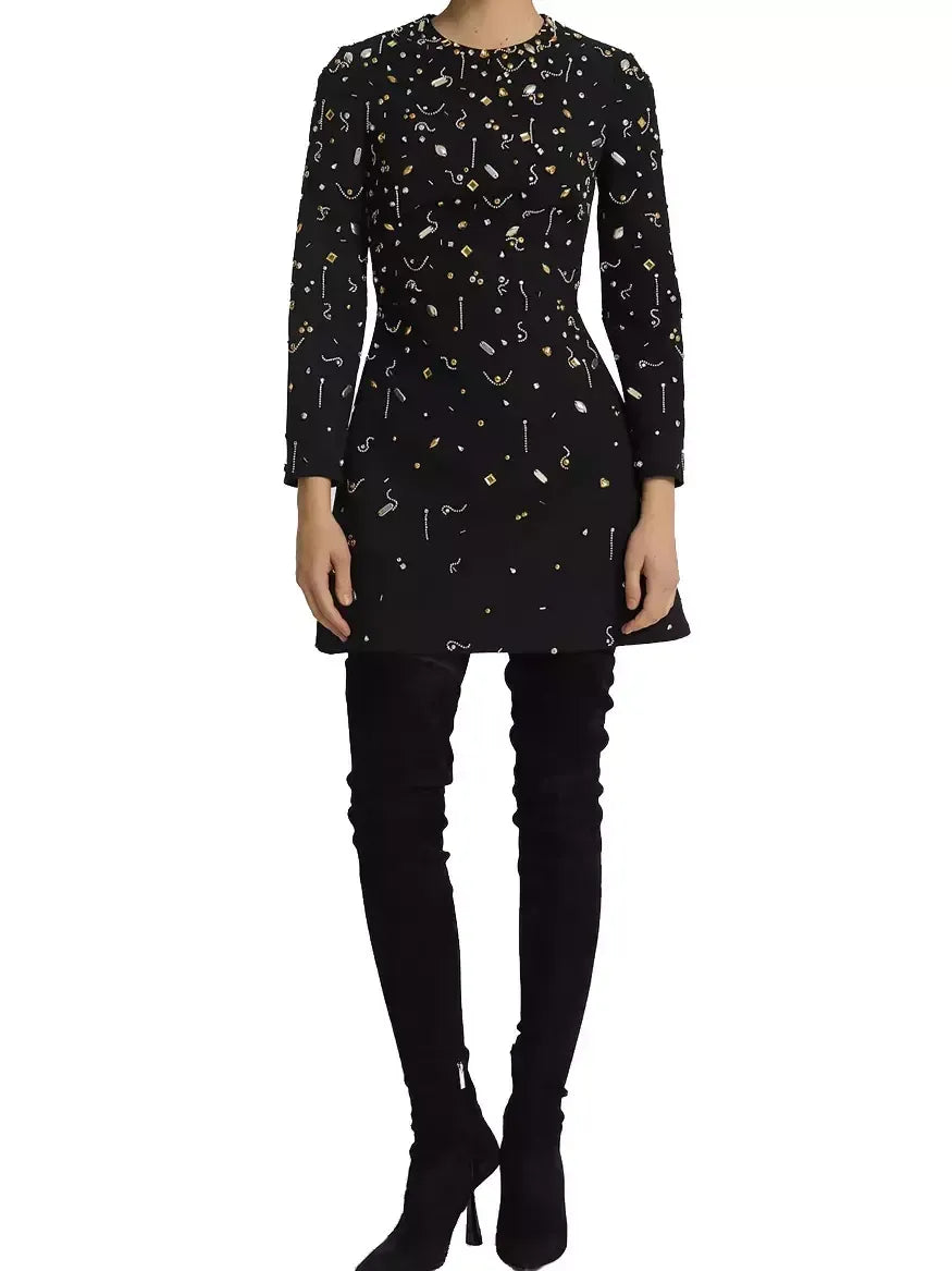 A-Line Jewel-Embroidered Mini Dress in Black - Black - Dresses