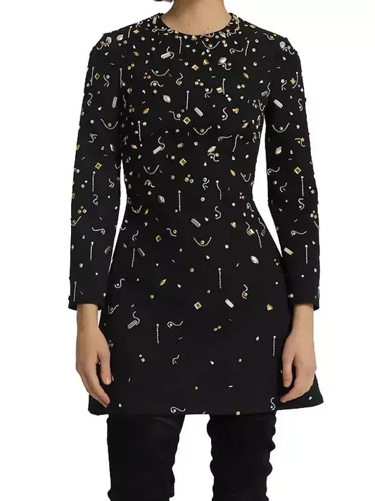 A-Line Jewel-Embroidered Mini Dress in Black - Black - Dresses