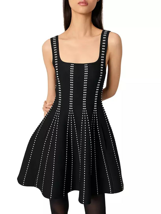 Black A-Line Knit Dot-Striped Pattern Mini Dress with white accents
