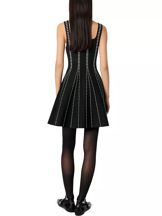 Black A-Line Knit Dot-Striped Pattern Mini Dress with white accents and stylish design