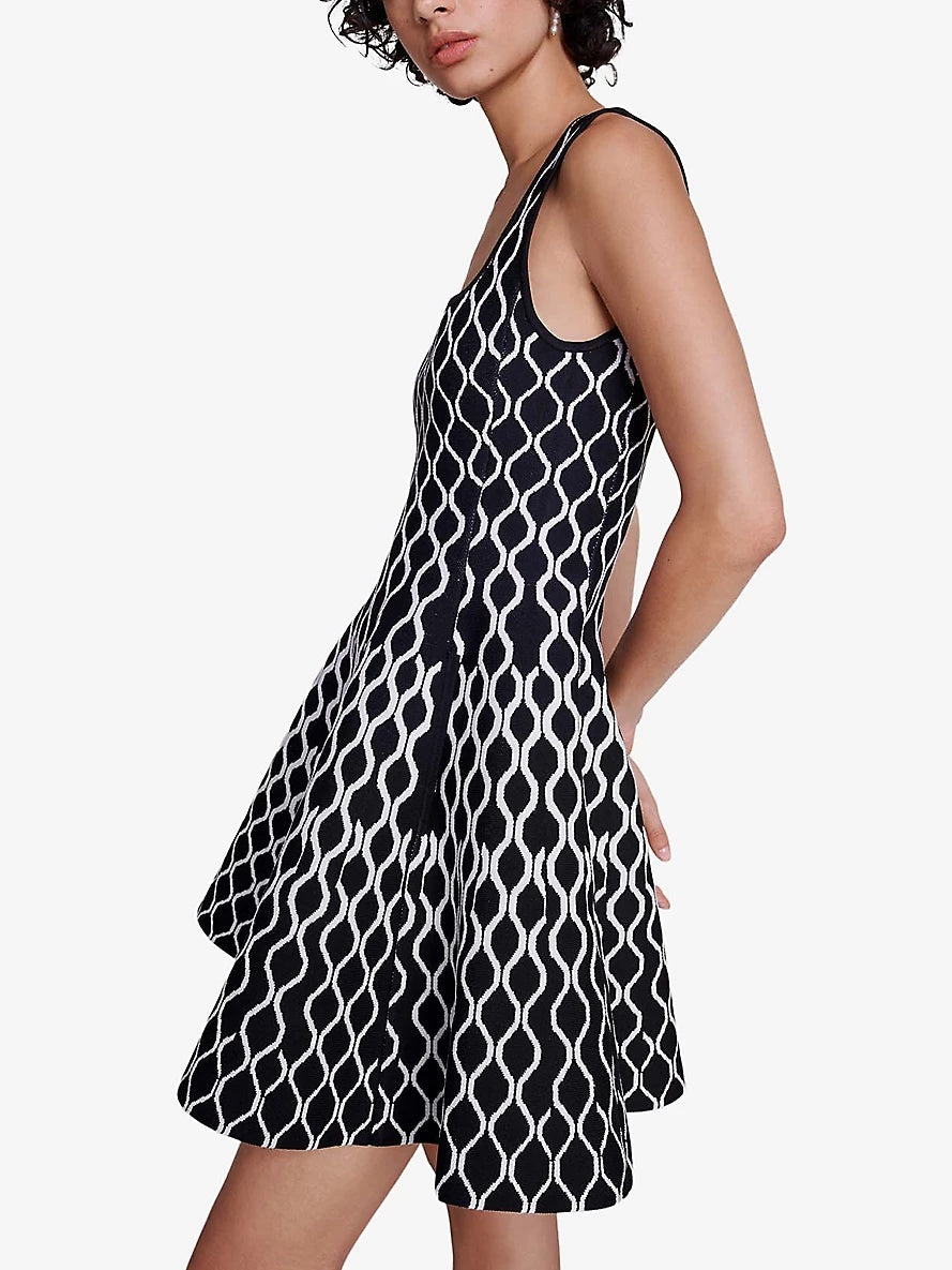Black and white patterned A-Line Knit Geometric Print Mini Dress for stylish outfits