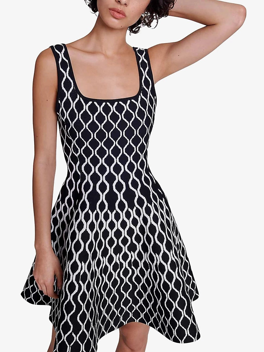 A-Line Knit Geometric Print Mini Dress featuring a stylish black and white pattern