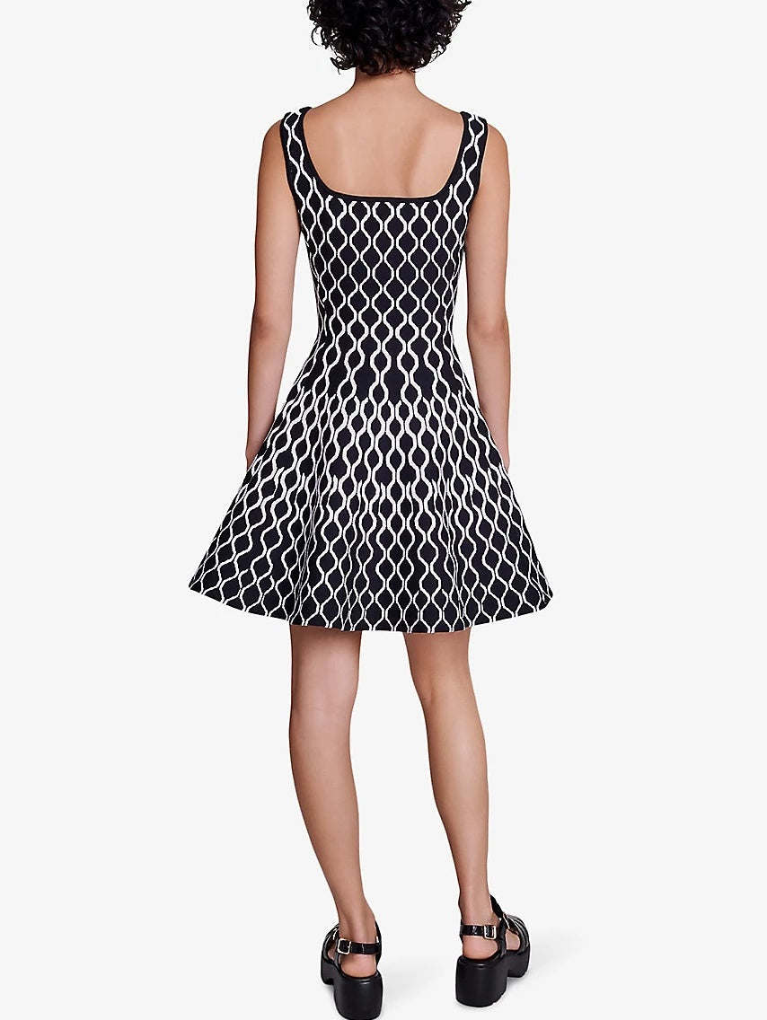 A-Line Knit Geometric Print Mini Dress featuring a stylish black and white pattern