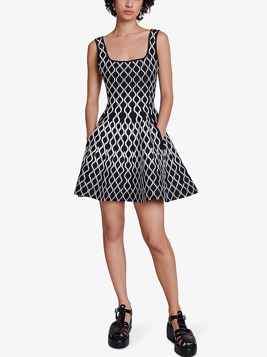 A-Line Knit Geometric Print Mini Dress featuring a stylish black and white pattern