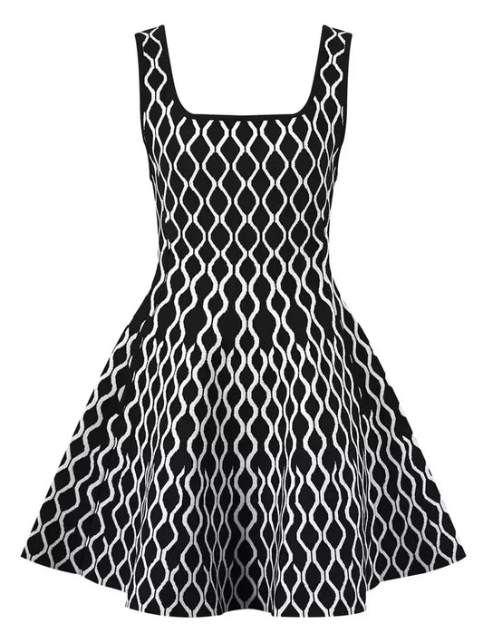 Black and white A-Line Knit Geometric Print Mini Dress with stylish geometric pattern