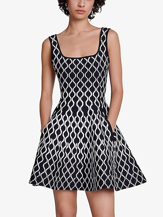 Black and white A-Line Knit Geometric Print Mini Dress with stylish geometric pattern