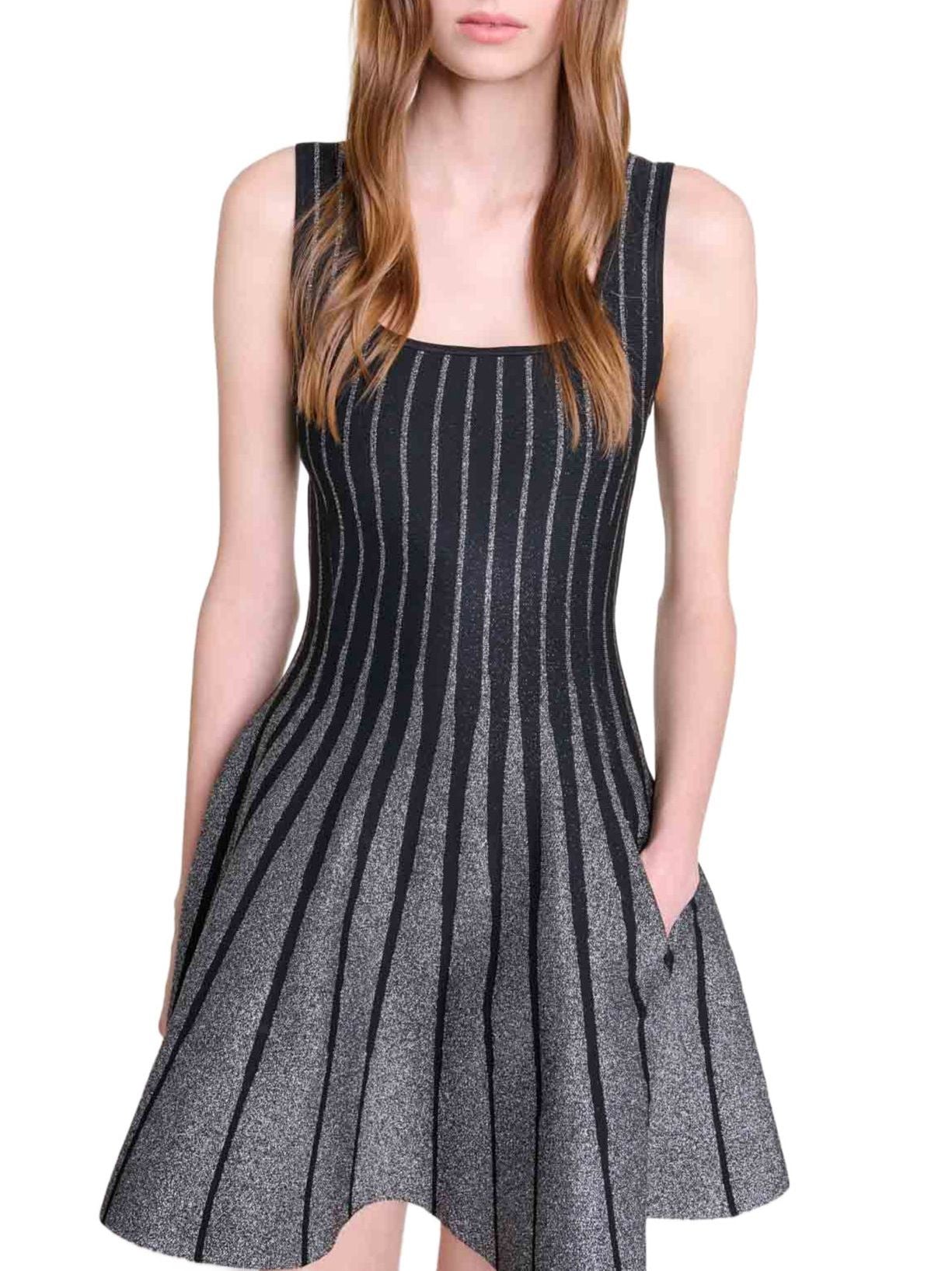 Sleeveless A-Line Knit Striped Glitter Mini Dress with pleated design and vibrant stripes