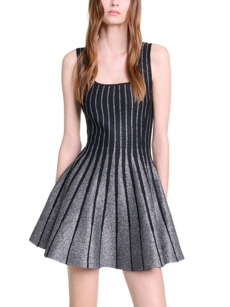 Sleeveless A-Line Knit Striped Glitter Mini Dress showcasing a stylish fit-and-flare design