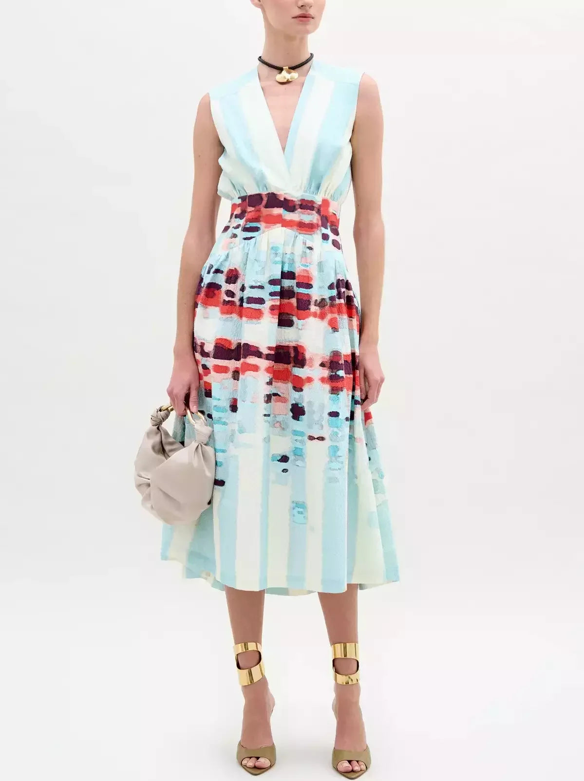 A-Line Printed V-Neck Midi Dress - Dresses