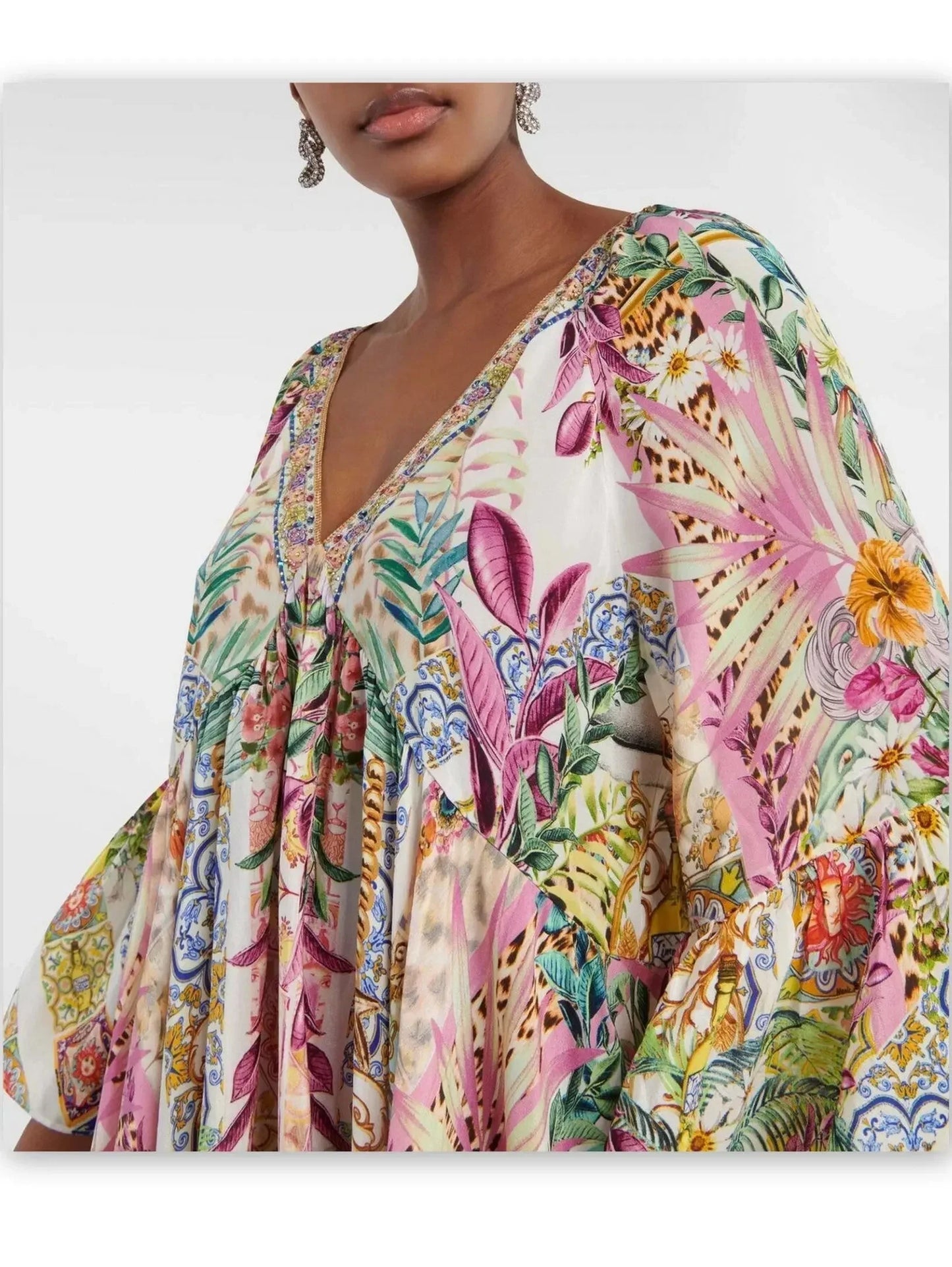 A-Line Ruffle Sleeve Crystal-V-Neck Silk Dress - Dresses
