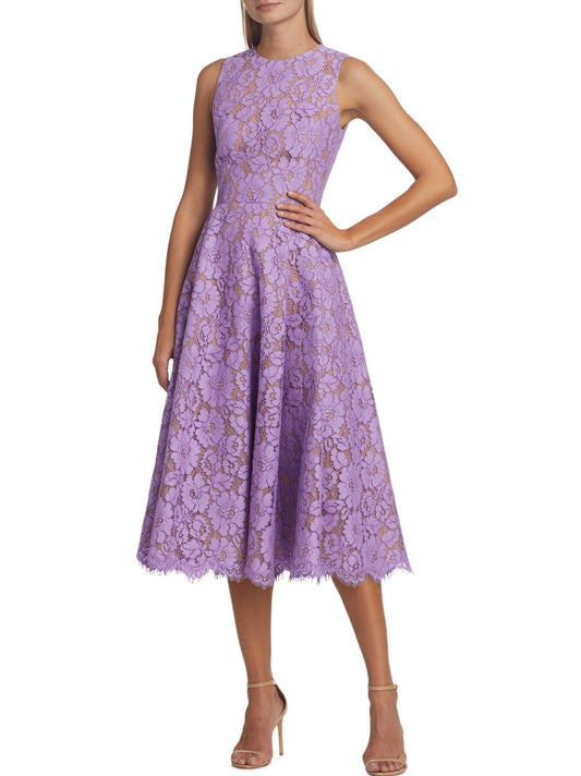 A-Line Sleeveless Floral Lace Midi Dress in Purple with lavender lace design