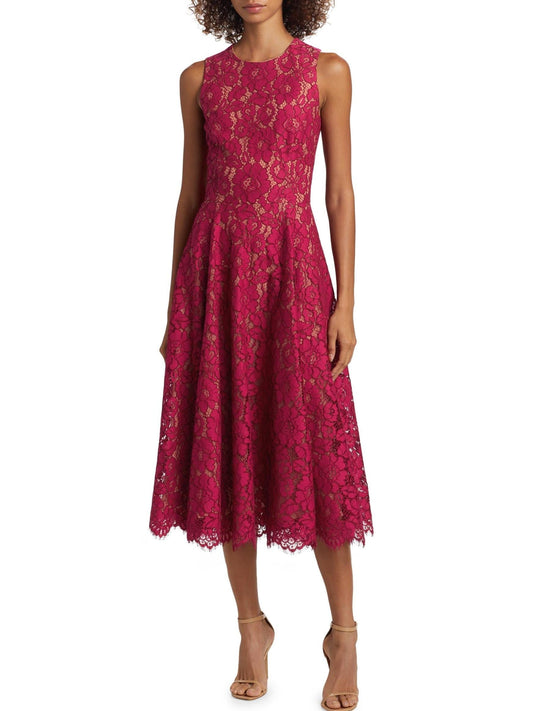 A-Line Sleeveless Floral Lace Midi Dress in Red, showcasing a stylish sleeveless floral lace design