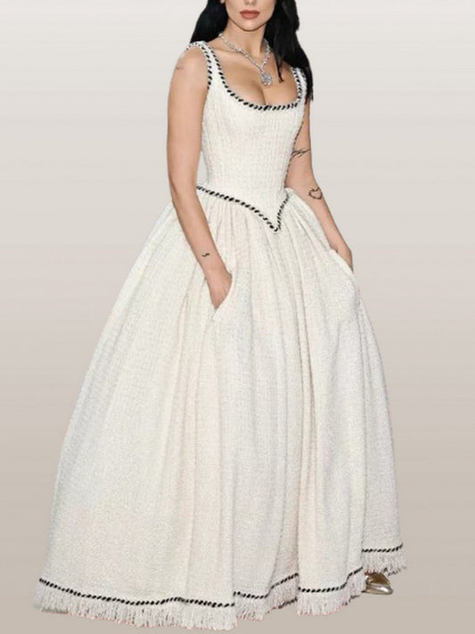 A-line Tweed Fringed Sleeveless Gown with Crinoline - Dresses