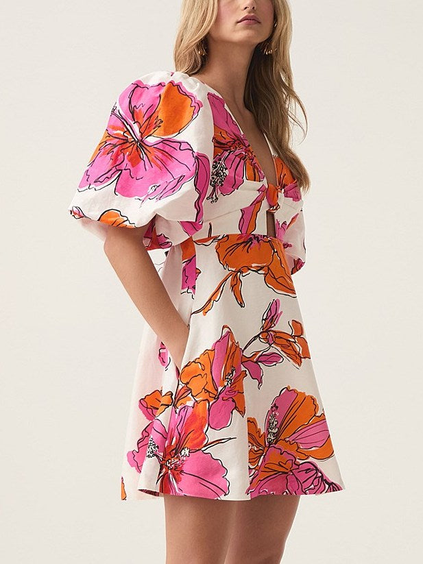 Abstract Hibiscus Print Knotted Puff-Sleeve Mini Dress with floral tie-front design