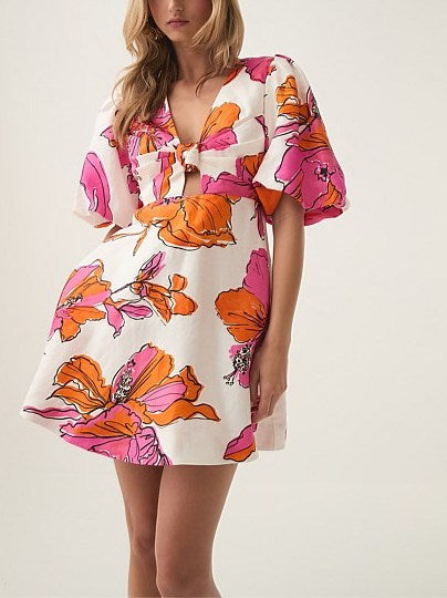 Abstract Hibiscus Print Knotted Puff-Sleeve Mini Dress with floral tie-front design