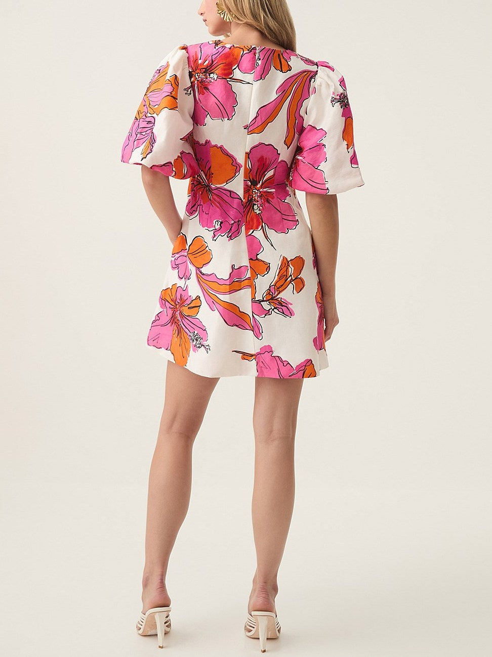 Abstract Hibiscus Print Knotted Puff-Sleeve Mini Dress with floral design and vibrant colors