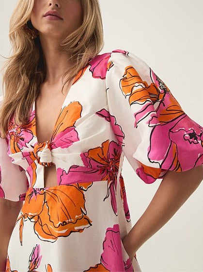 Floral Abstract Hibiscus Print Knotted Puff-Sleeve Mini Dress for stylish summer wear