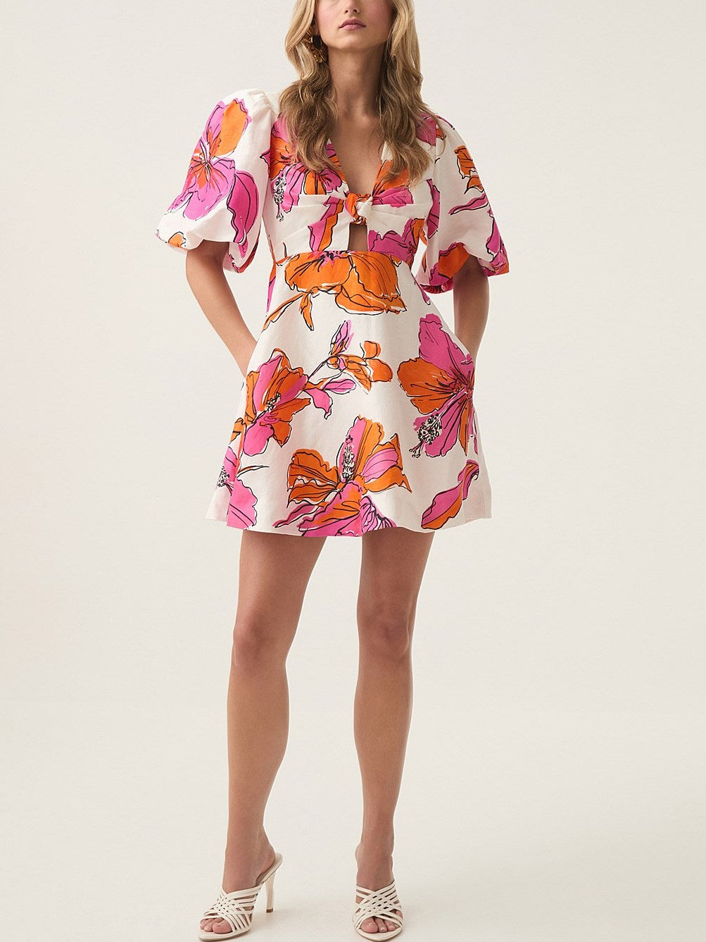 Abstract Hibiscus Print Knotted Puff-Sleeve Mini Dress with floral tie-front design
