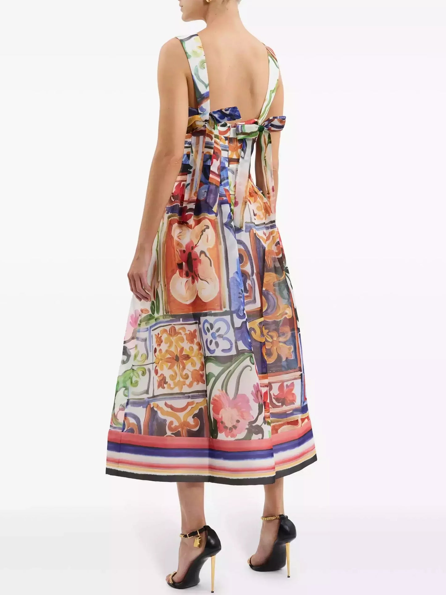Abstract Multicolored Bow-Detail Midi Dress - Dresses