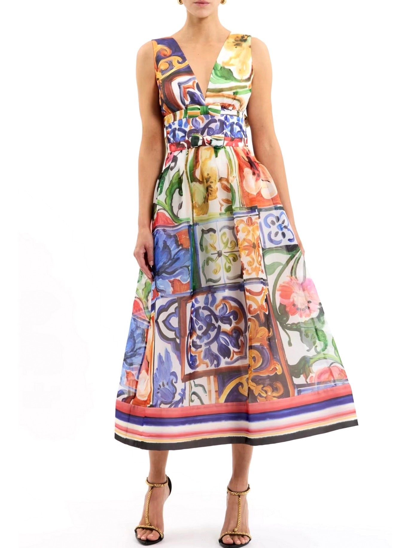 Abstract Multicolored Bow-Detail Midi Dress - Dresses