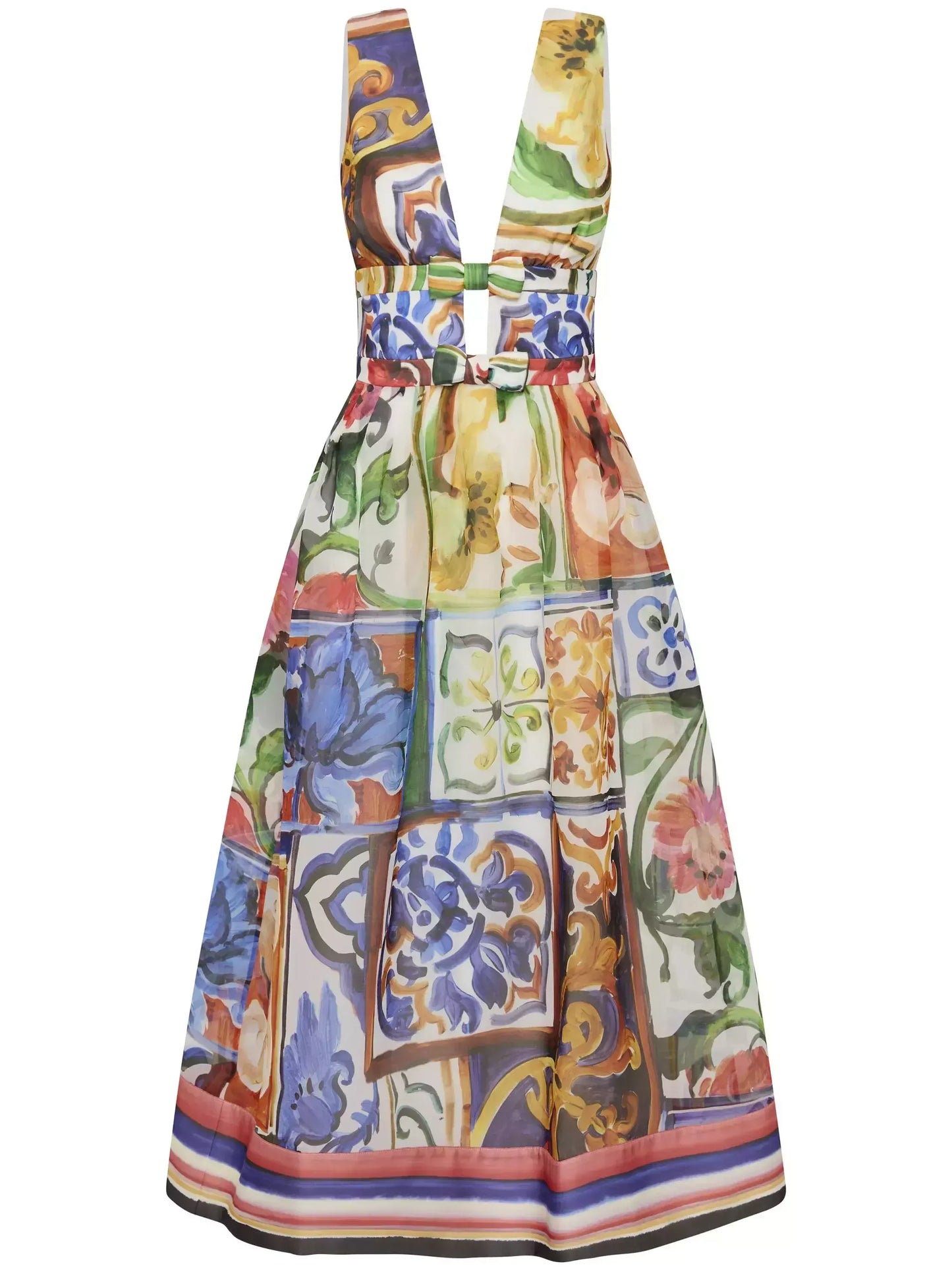 Abstract Multicolored Bow-Detail Midi Dress - Dresses
