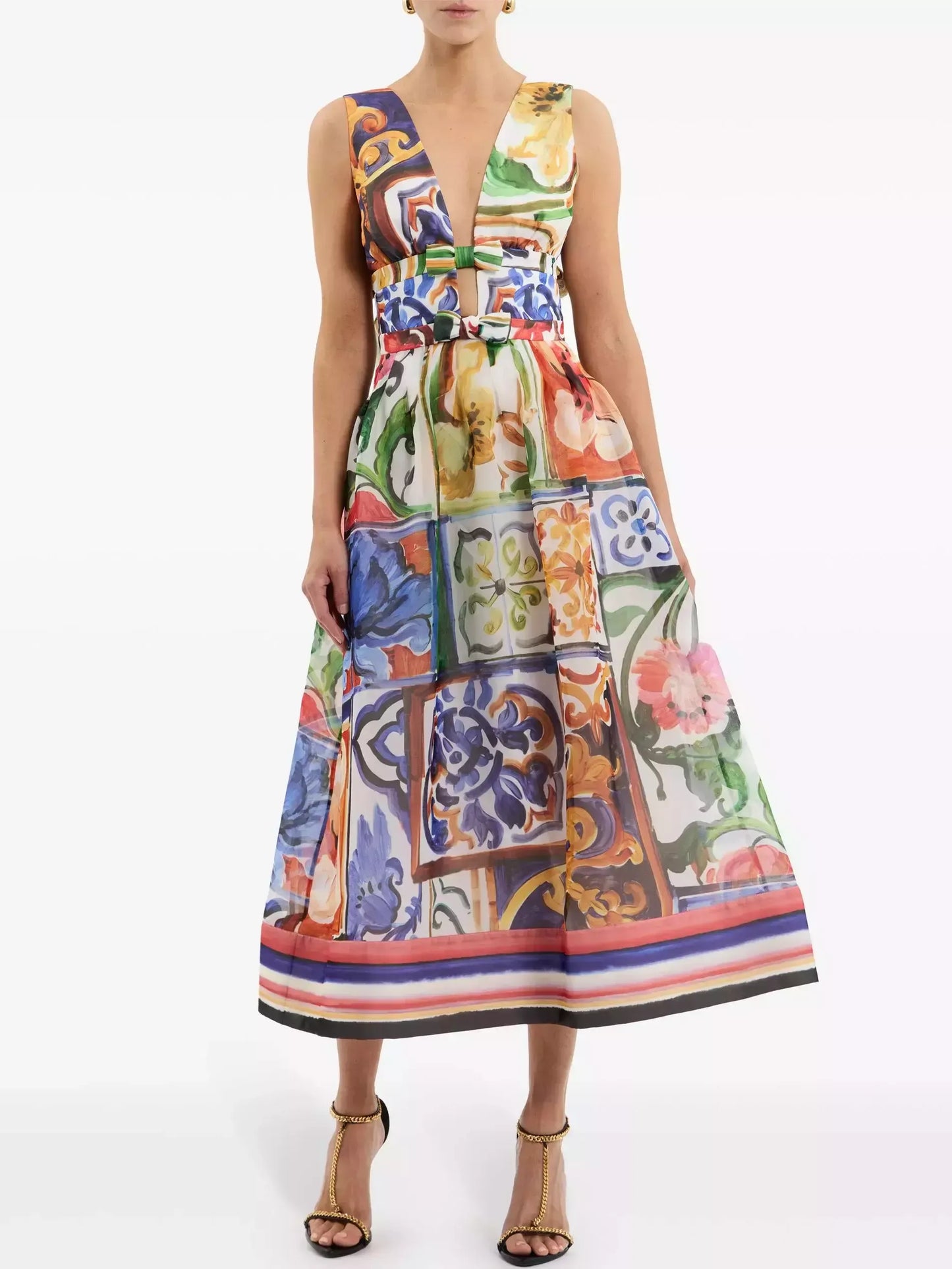 Abstract Multicolored Bow-Detail Midi Dress - Dresses