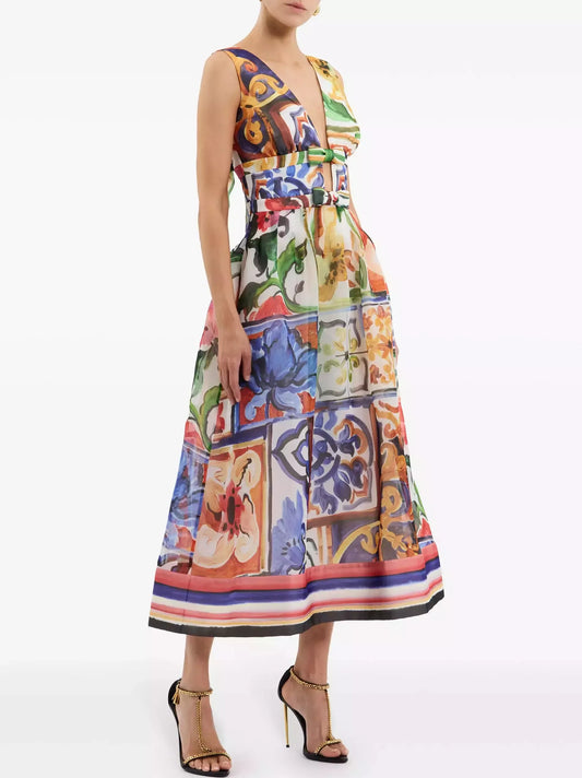 Abstract Multicolored Bow-Detail Midi Dress - Dresses