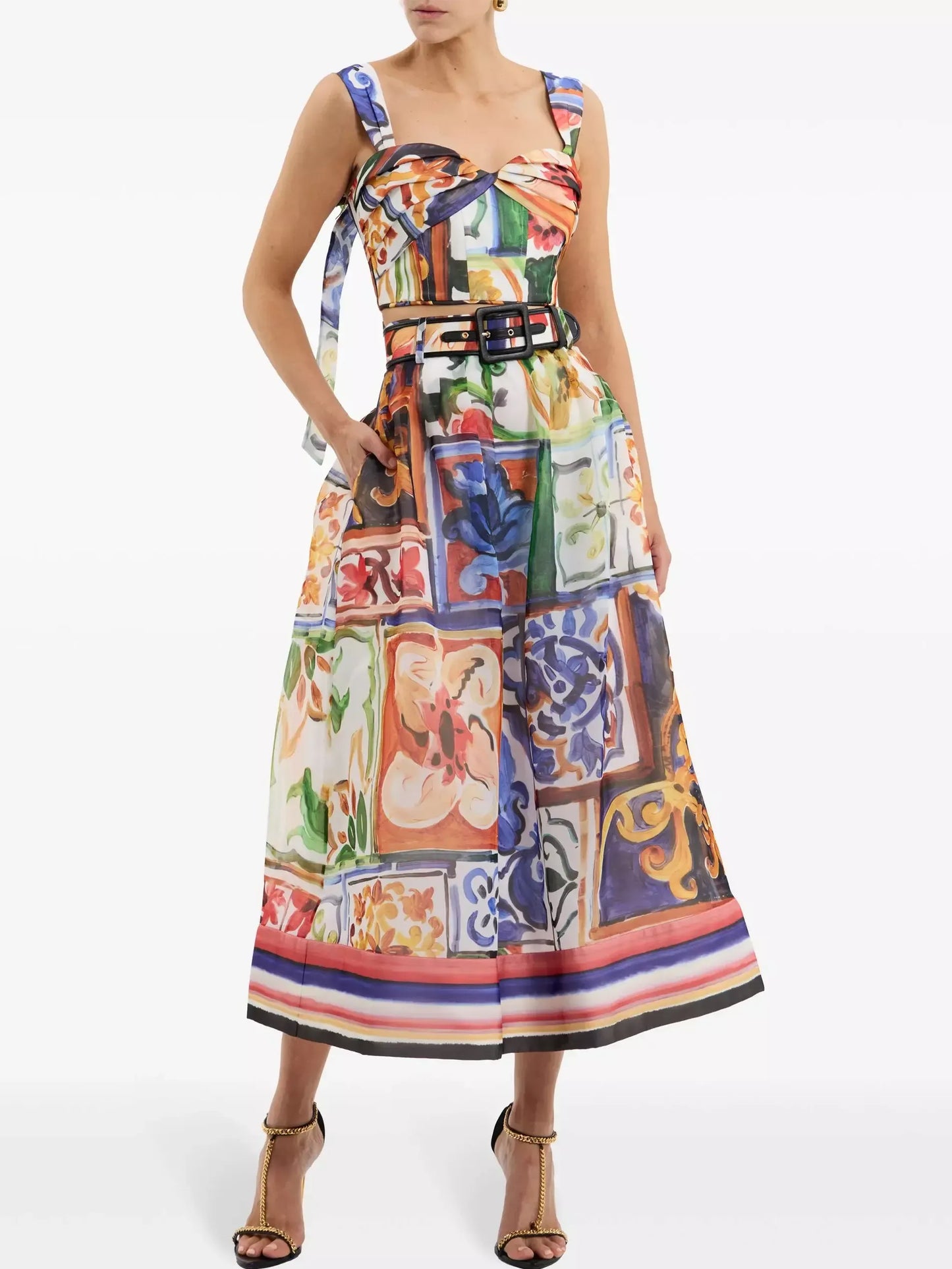 Abstract Multicolored Crop Top and Skirt Set - Suits & Sets