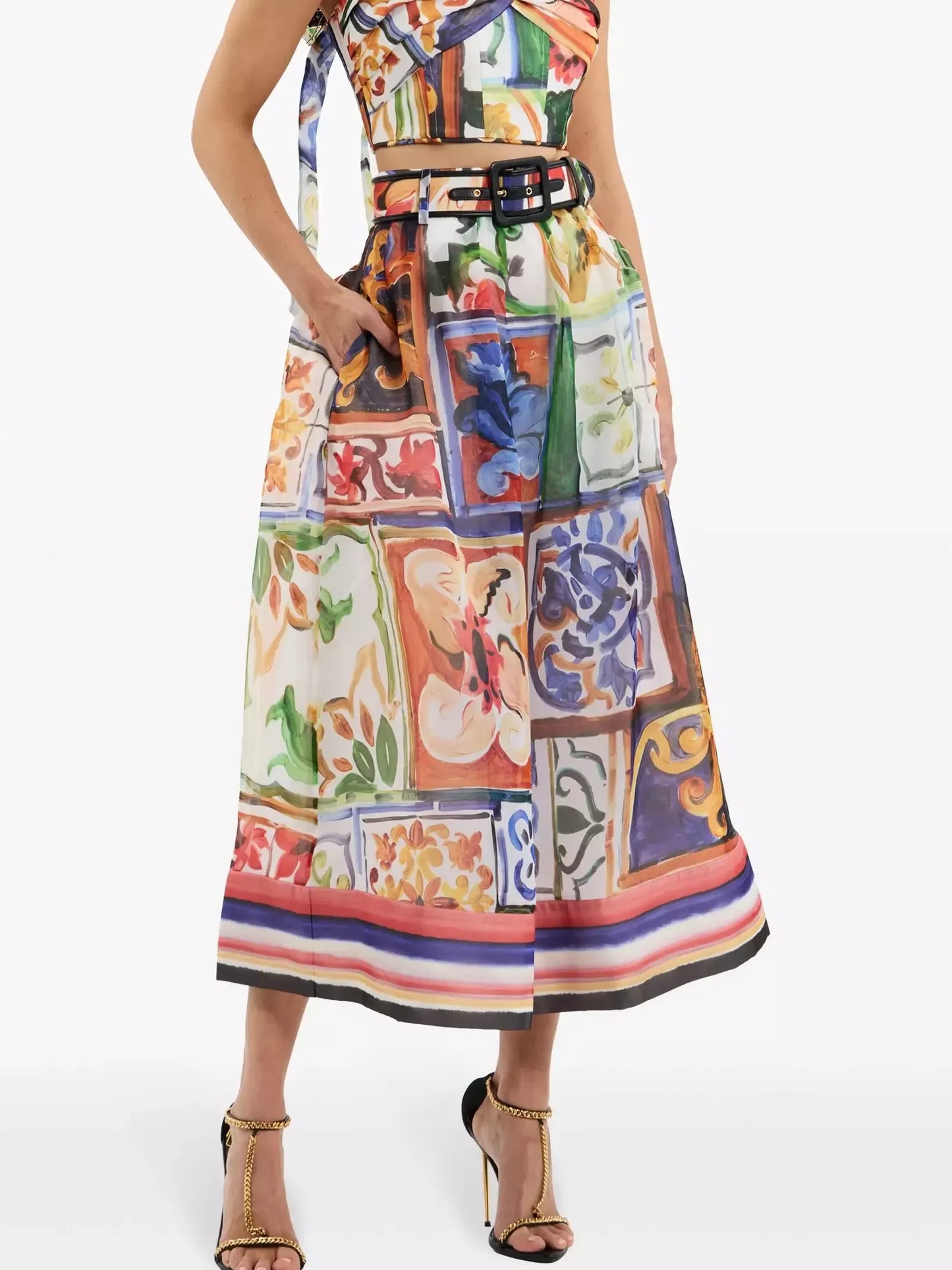 Abstract Multicolored Print Midi-Skirt - Skirts