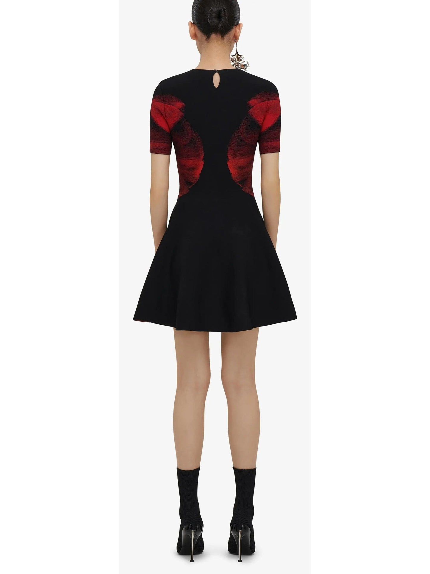 Abstract Orchid Print Fit and Flare Knit Mini Dress in Black - Dresses