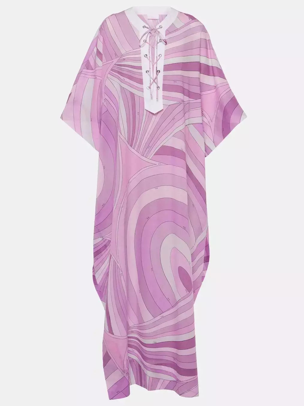 Long pink kaftan dress with abstract print and lace-up detail for stylish summer wear