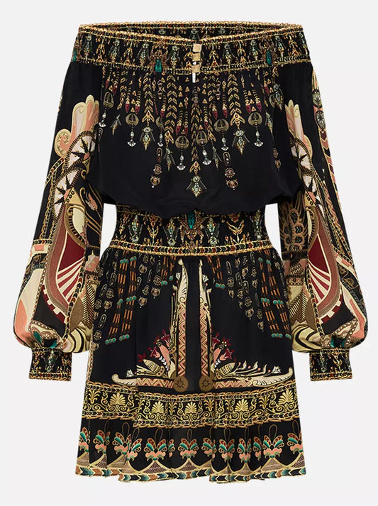 Elegant Black patterned Off-Shoulder Silk Mini Dress with Ancient Egyptian Print design