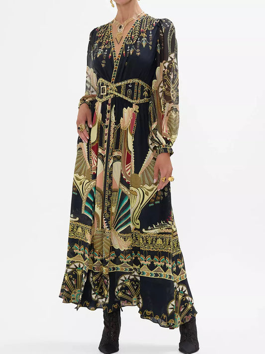Ancient Egyptian Print Silk Dress with Belted Waistband and Long Sleeves
