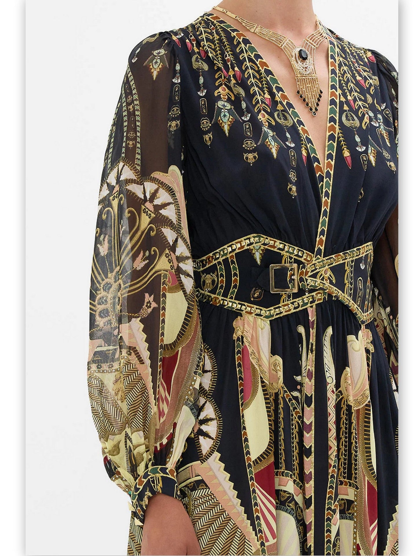 Ancient Egyptian print silk dress with belted waistband and vibrant patterns