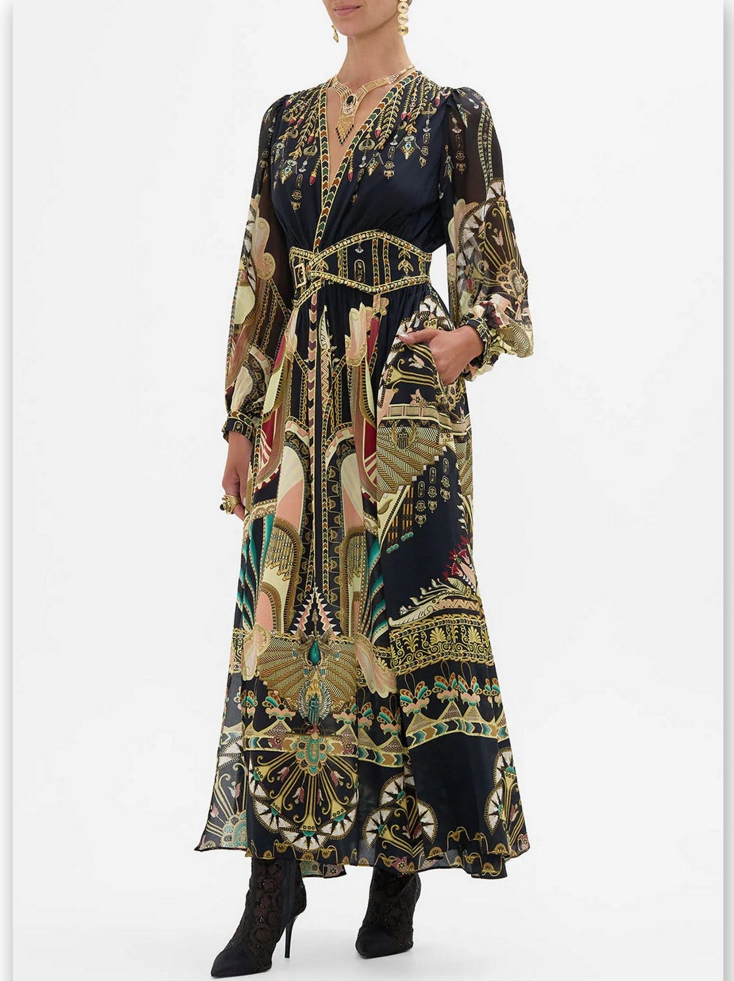 Ancient Egyptian Print Silk Dress with Belted Waistband, elegant patterned maxi style