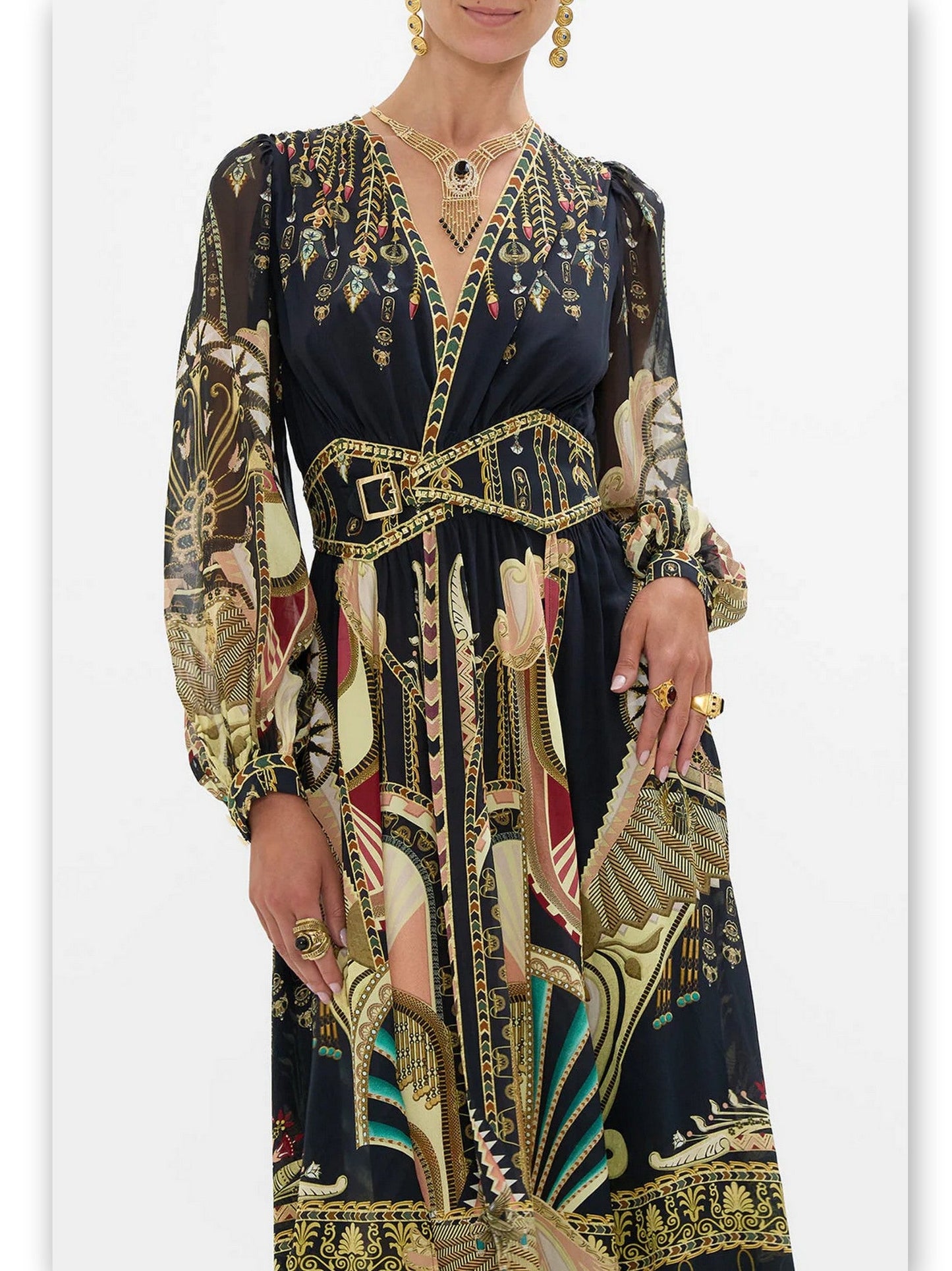 Patterned maxi dress featuring Ancient Egyptian print silk with belted waistband