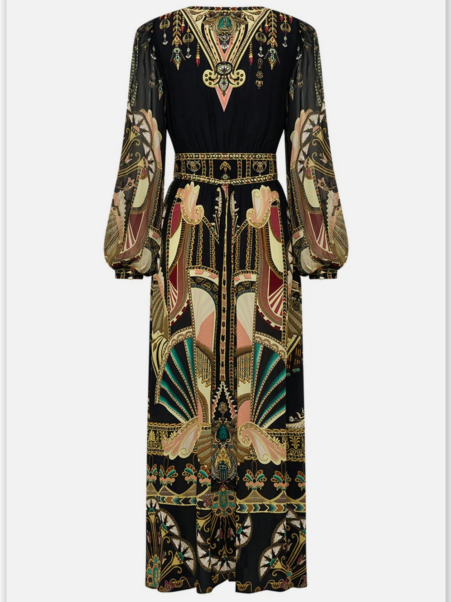 Ancient Egyptian Print Silk Dress with Belted Waistband in a long, patterned black design