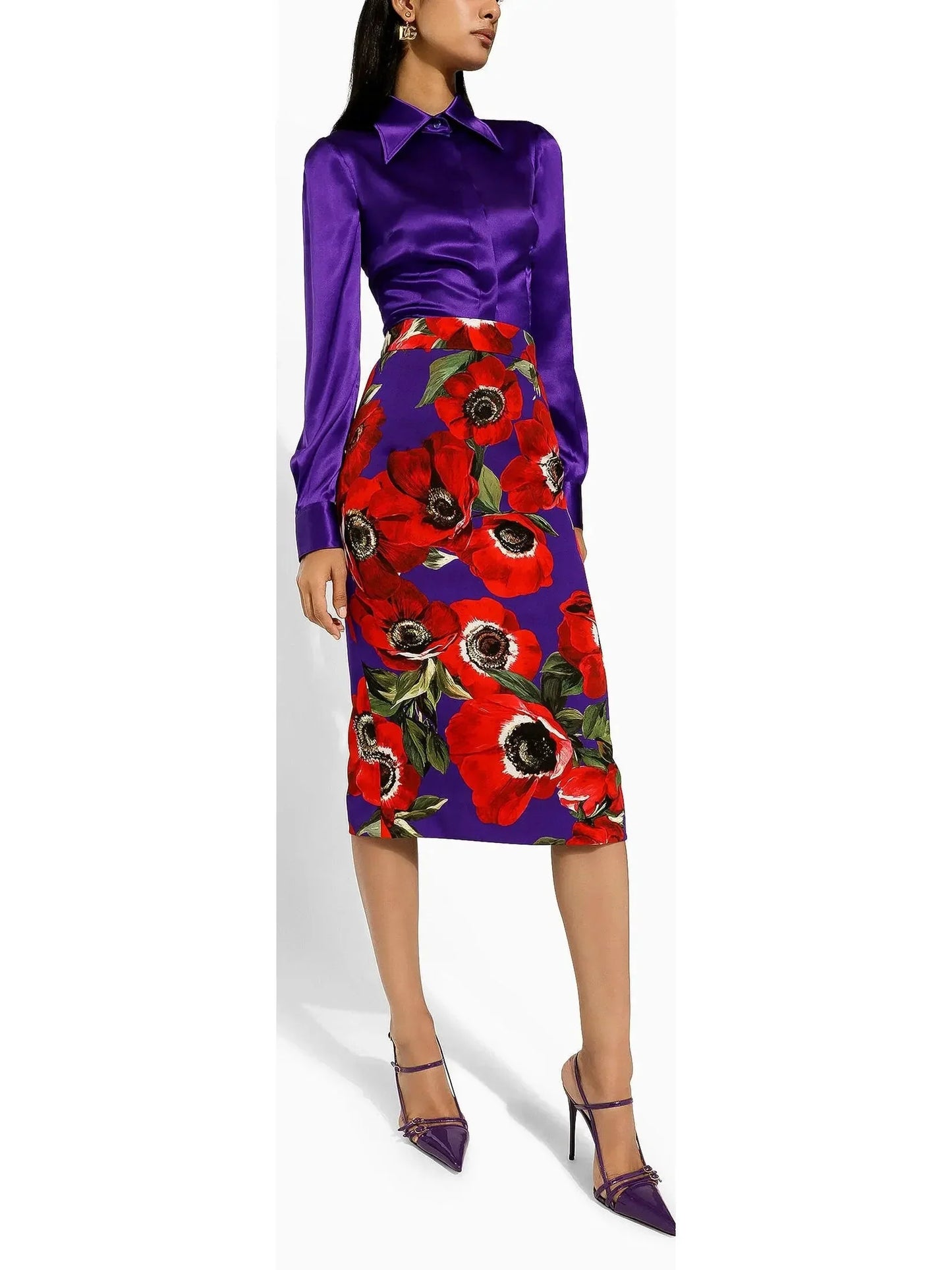 Anemone Floral Print Charmeuse Calf-Length Skirt - Skirts