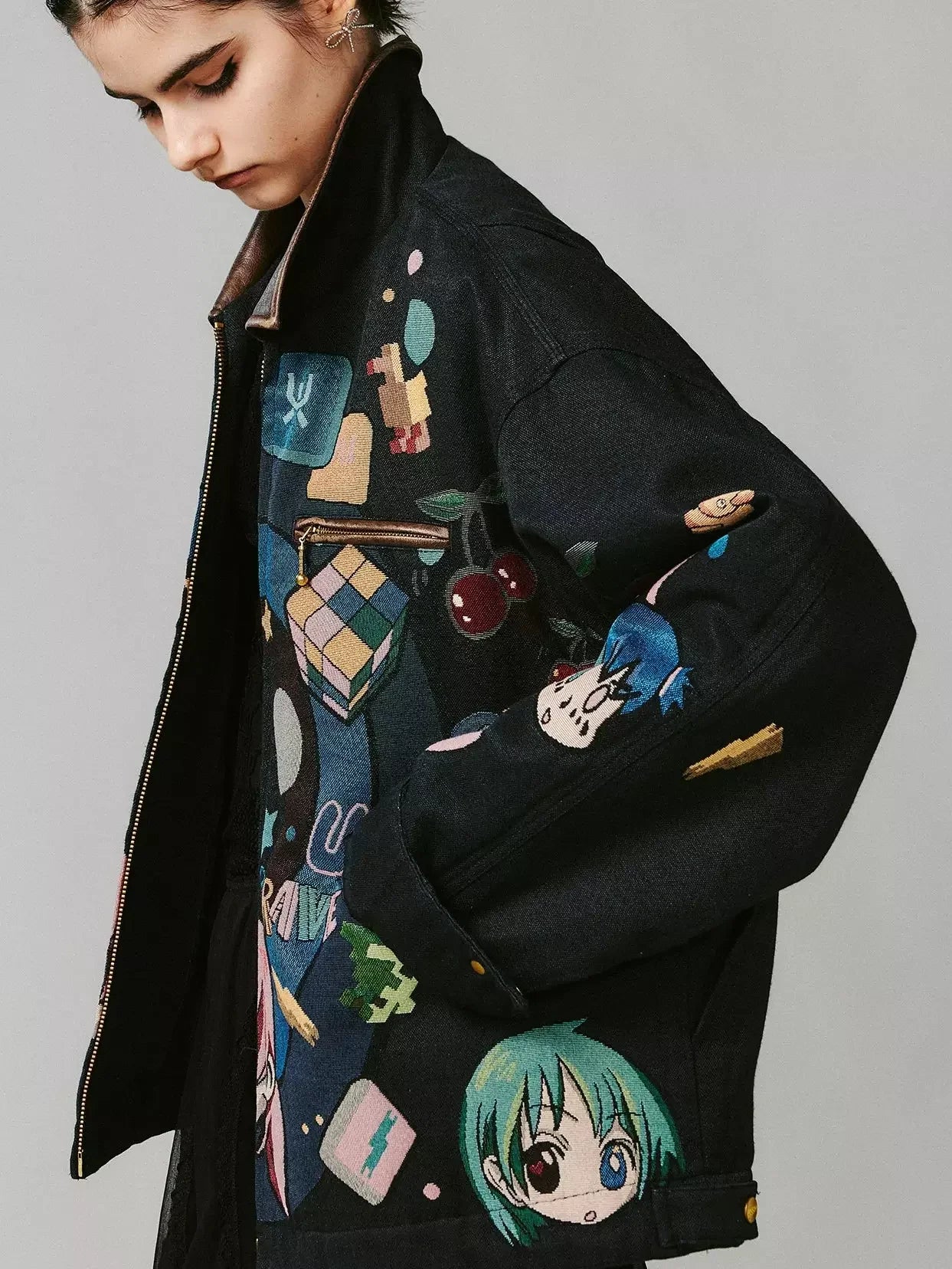 Anime Printed Jacket with Quilted lining and Vegan-Leather Trim - Jackets