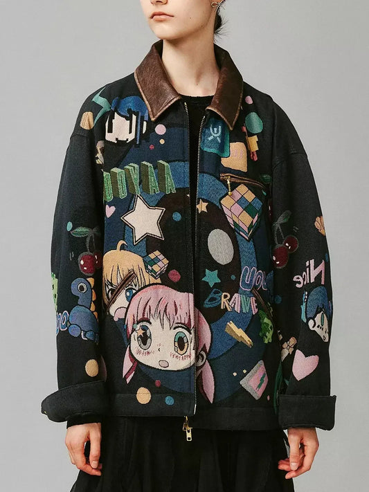 Anime Printed Jacket with Quilted lining and Vegan-Leather Trim - Jackets