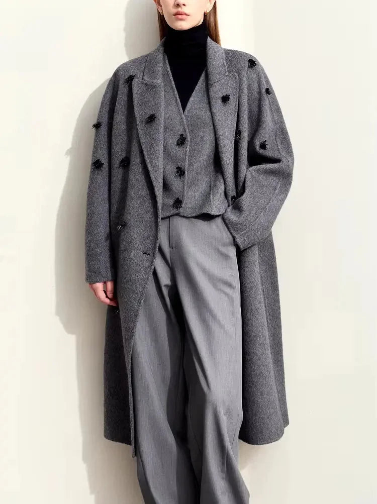 Appliqued Belted Wool Coat in Gray - Coats