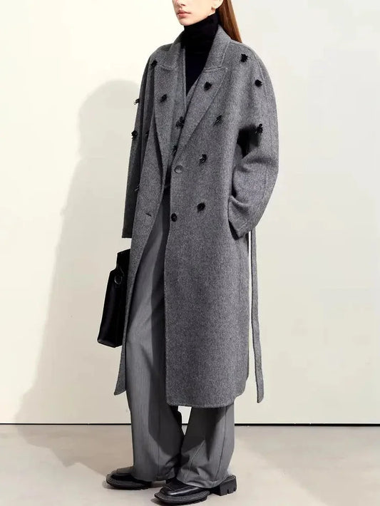 Appliqued Belted Wool Coat in Gray - Coats
