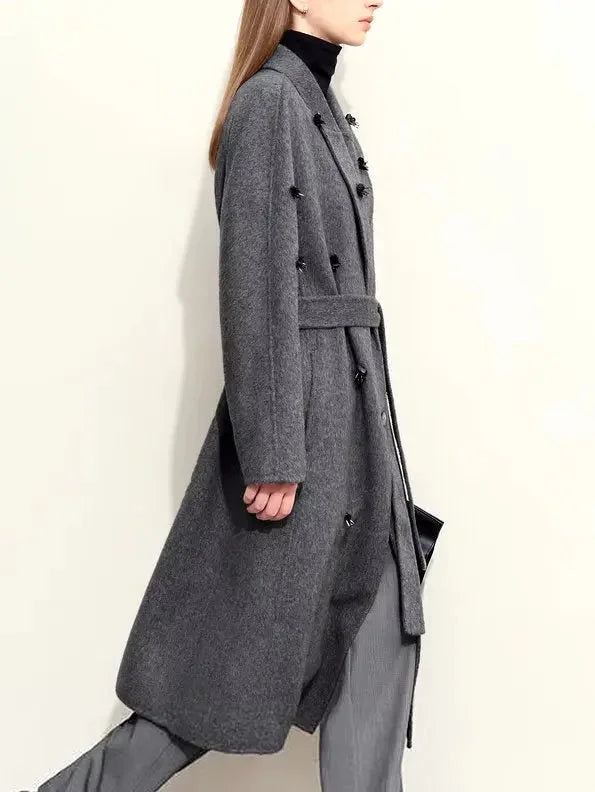 Appliqued Belted Wool Coat in Gray - Coats