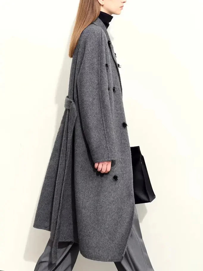 Appliqued Belted Wool Coat in Gray - Coats
