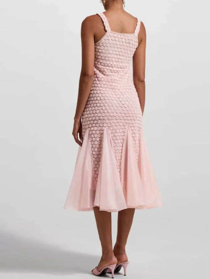 Appliqued Flared Tulle-Paneled-Hem Midi Dress - Dresses
