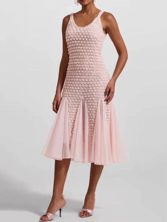 Appliqued Flared Tulle-Paneled-Hem Midi Dress - Dresses
